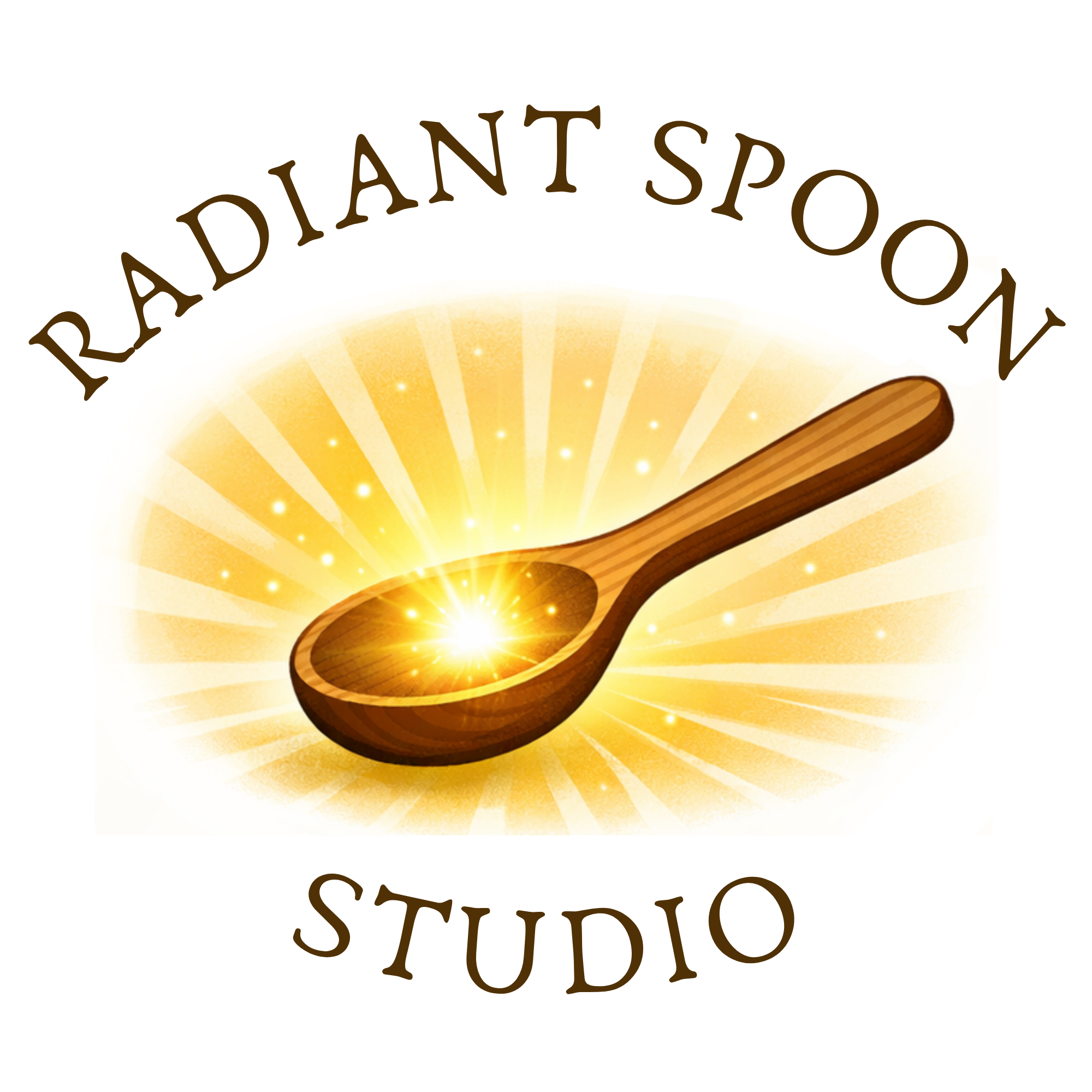 Radiant Spoon Studio Logo - a yellow and golden glowing background with a wooden spoon filled iwth gold light